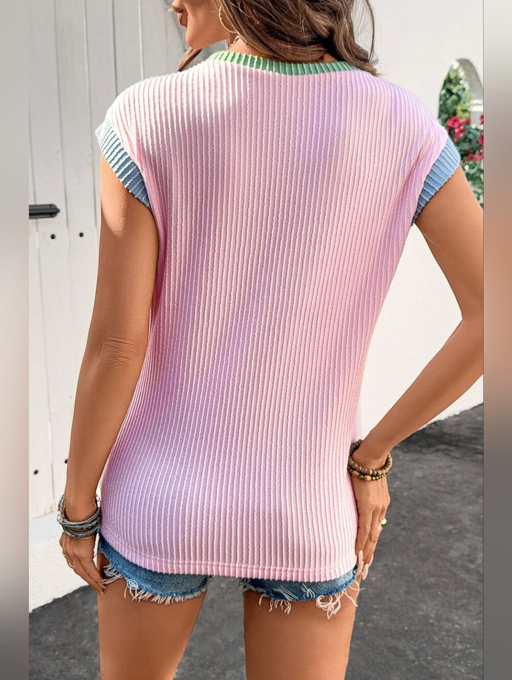 Pink Sleeveless Ribbed Tank with Sequin American Flag - Picture 4 of 10